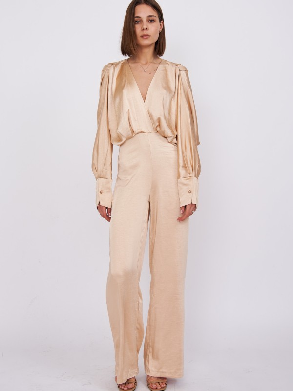 Venus - Cross Over Satin  Jumpsuit In cream