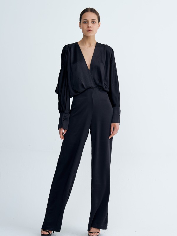 Venus - Cross Over Satin  Jumpsuit In black