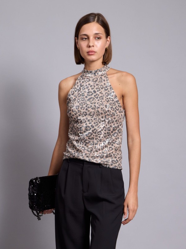 Abi- Sequins Halter neck Top White In Gold