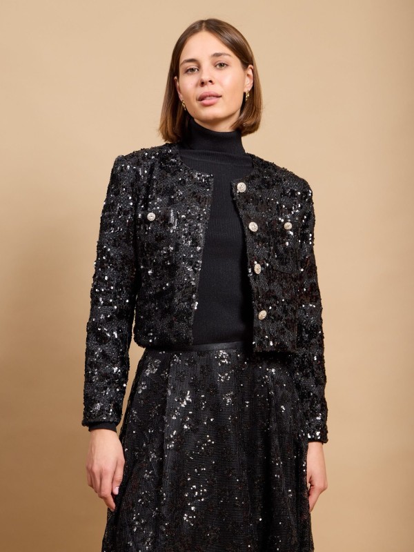 Adella - Cropped tweed sequined jacket in black
