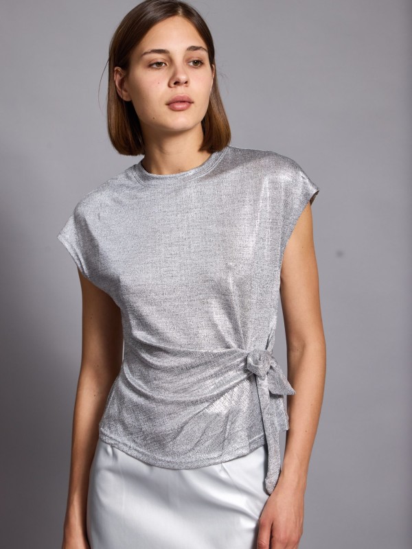 Lina- Metallic wrap top in silver