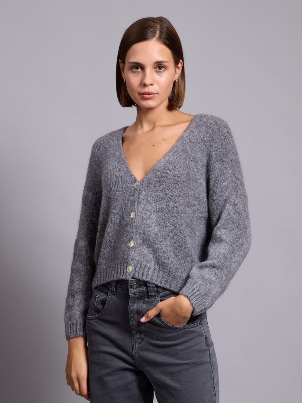 Nella- button embellished ribbed knit cardigan in grey
