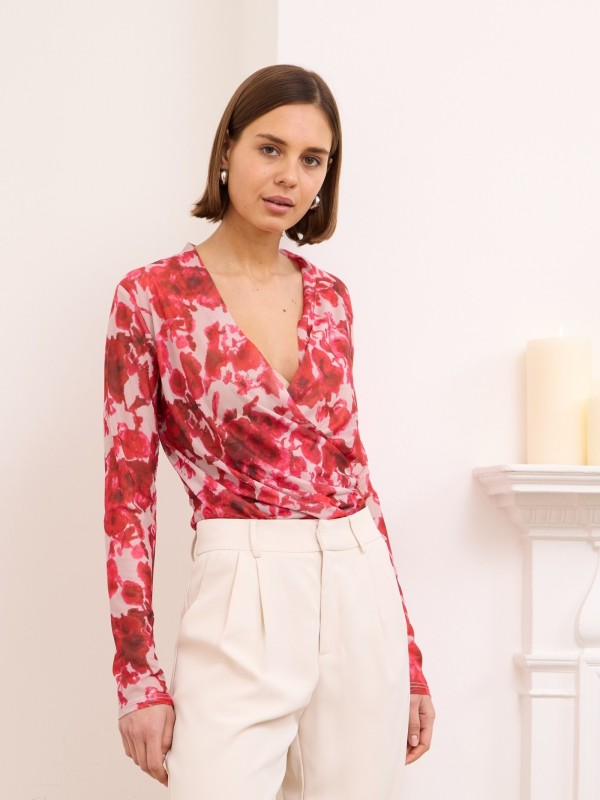 Lindsey- mesh floral wrap top in red