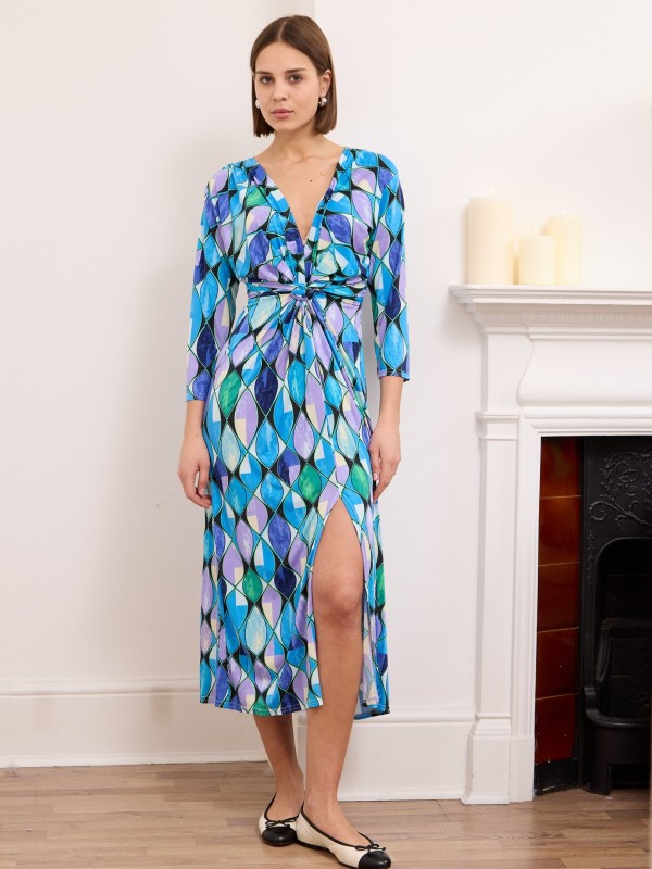 Leona - Knotted waist midi dress in blue spiral