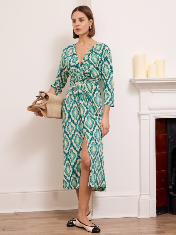 Leona – Knotted waist midi dress in aqua snake