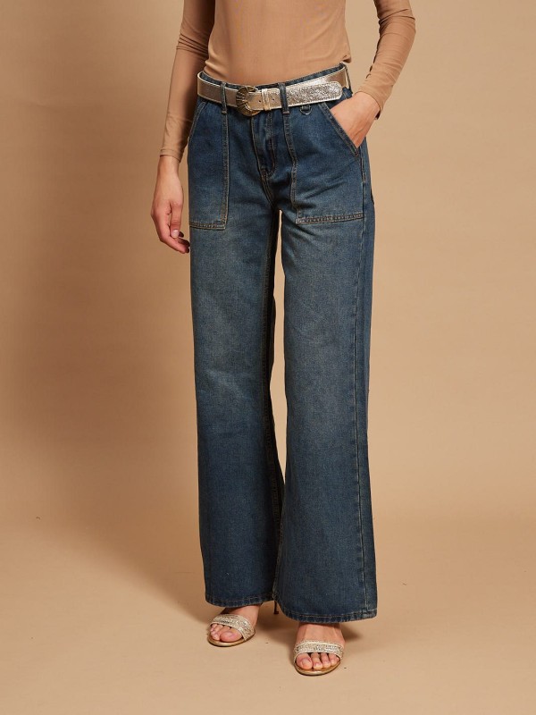 Catharine- Straight leg cargo pants in blue denim