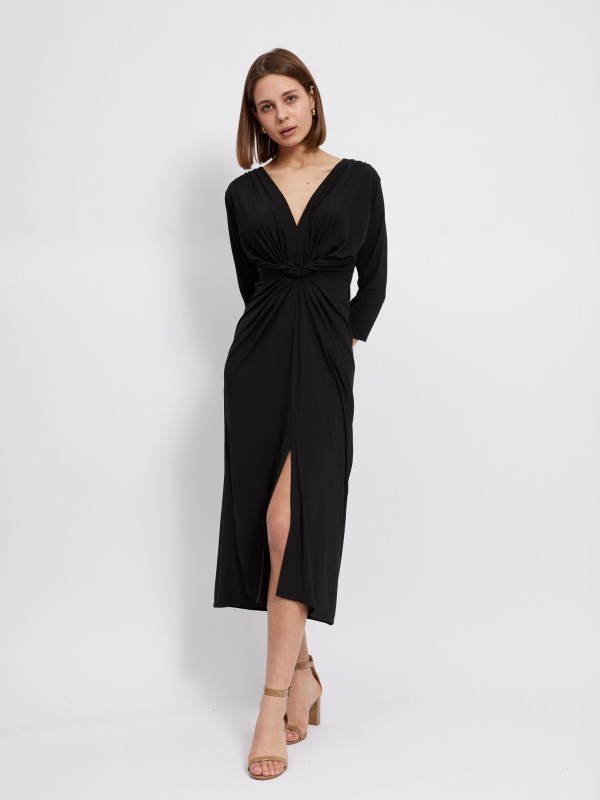 Leona – Knotted waist midi dress in black
