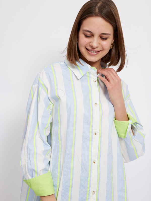 Amy -Cotton-blend Striped Poplin Shirt In blue and lime