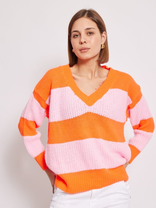Lola - Striped V Neck Sweater In Orange And Pink
