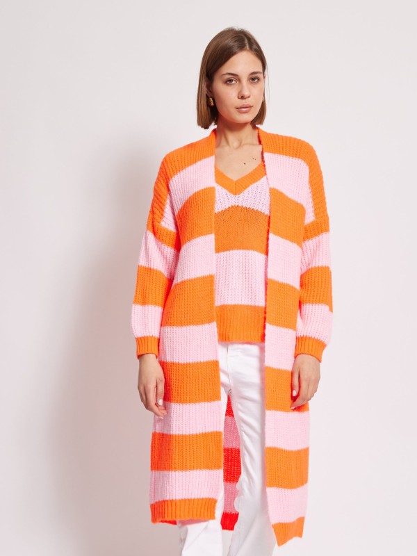 Lana - Long Sleeve Stripe Midi Cardigan In pink and orange