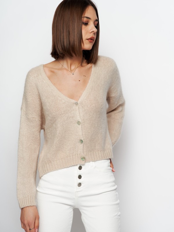 Nella- button-embellished ribbed-knit cardigan in neutral