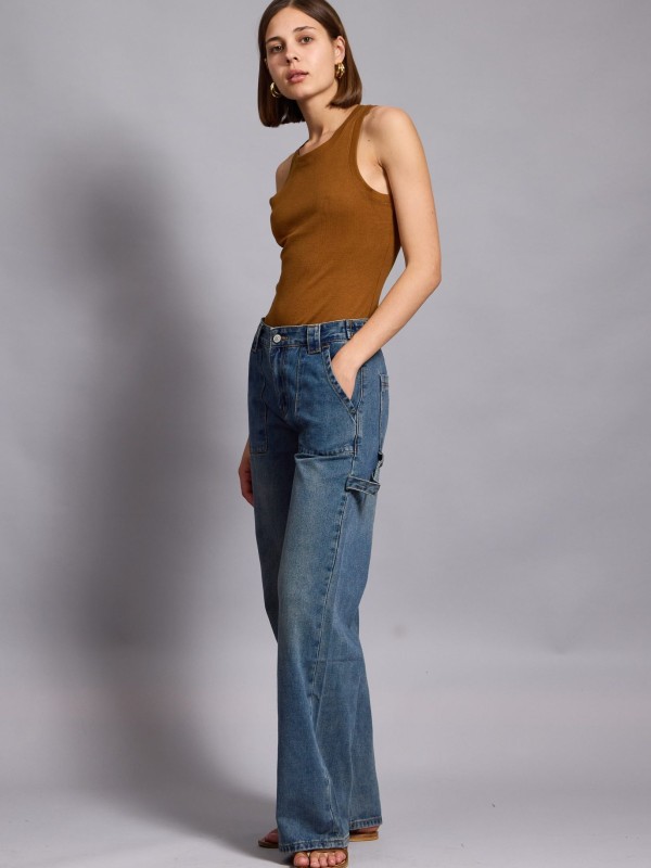Katie- Straight leg cargo pants in blue denim