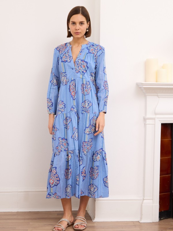 Seraphina -Tiered Printed cotton Dress IN BLUE FLORAL