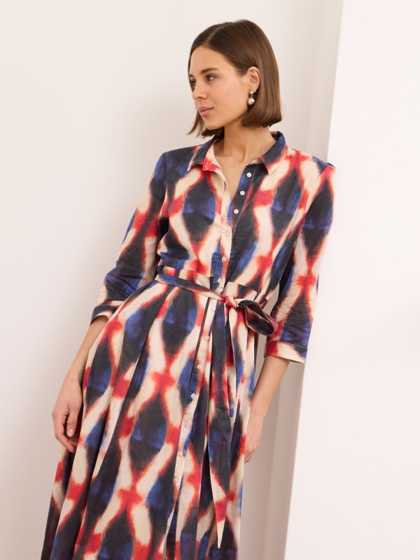 Emily - belted floral print cotton midi shirt dress in red diamond