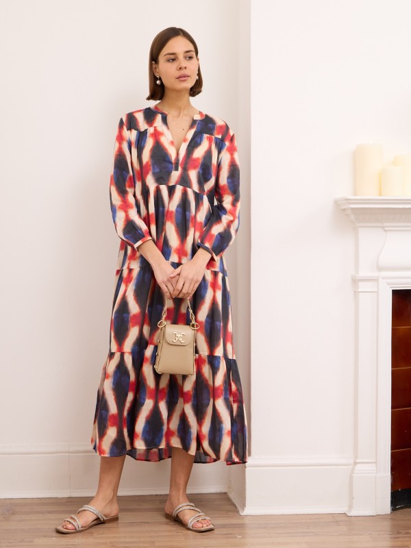 Seraphina -Tiered Printed cotton Dress In RED DIAMOND