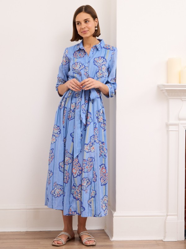 Emily - belted floral print cotton midi shirt dress in blue floral