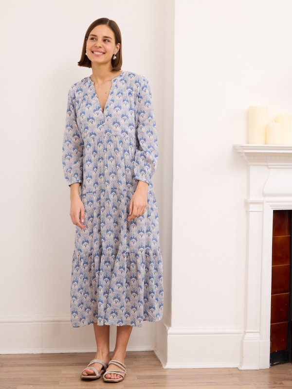 Seraphina -Tiered Printed cotton Dress In BLUE OYSTER