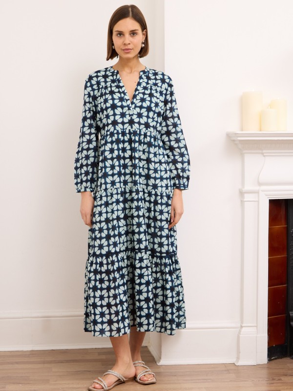 Seraphina -Tiered Printed cotton Dress In bLUE AZTEC