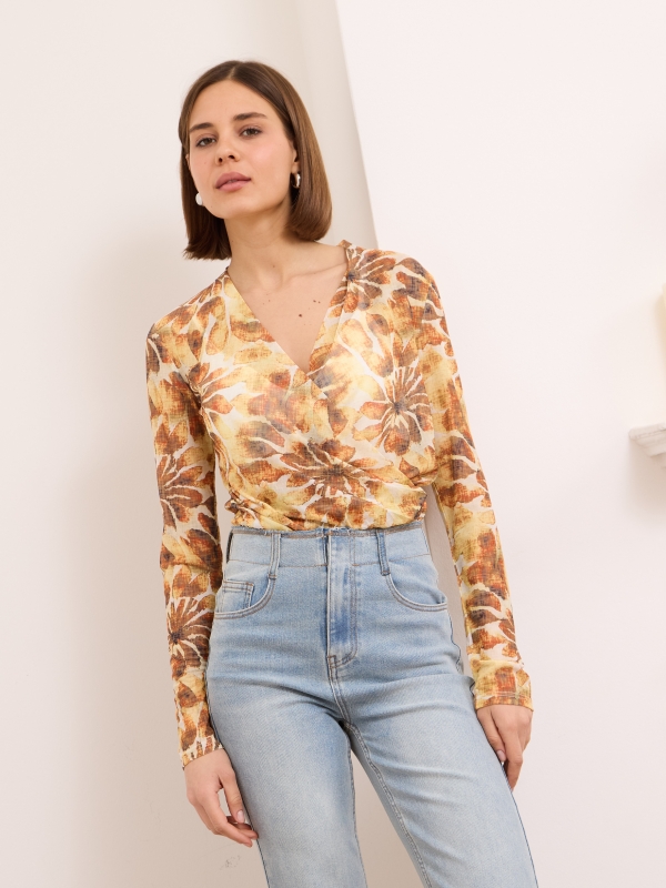 Lindsey- mesh floral wrap top in yellow