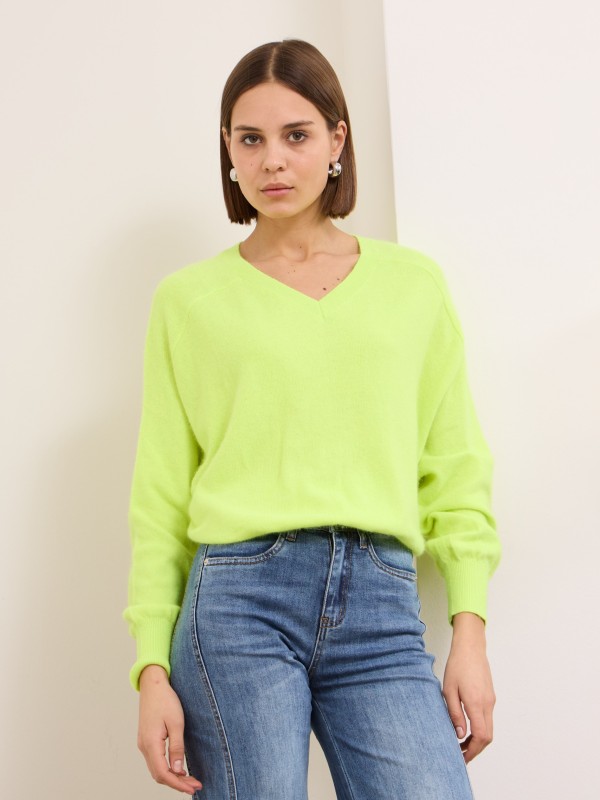 Leticia - Wool-blend v neck Sweater In fluorescent yellow
