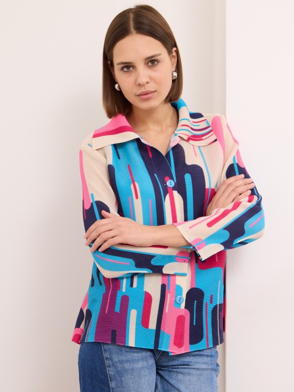 Penelope - Plisse printed jacket mosaic in blue