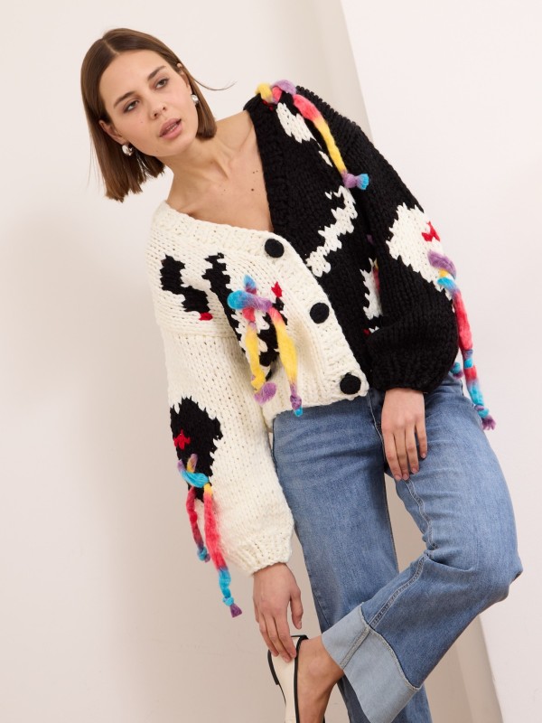 Stella - Chunky jacquard-knit cardigan in cream and black