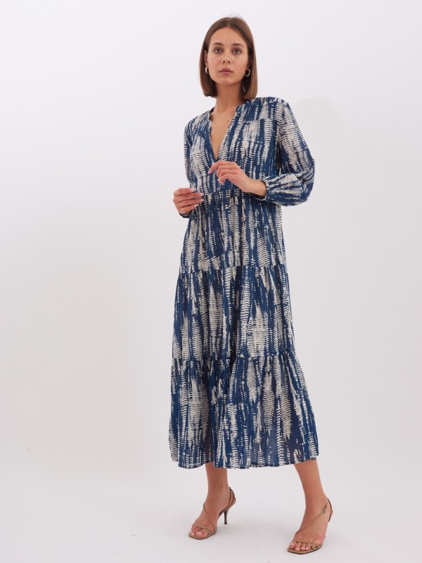 Seraphina -Tiered Printed cotton Dress In navy tie dye