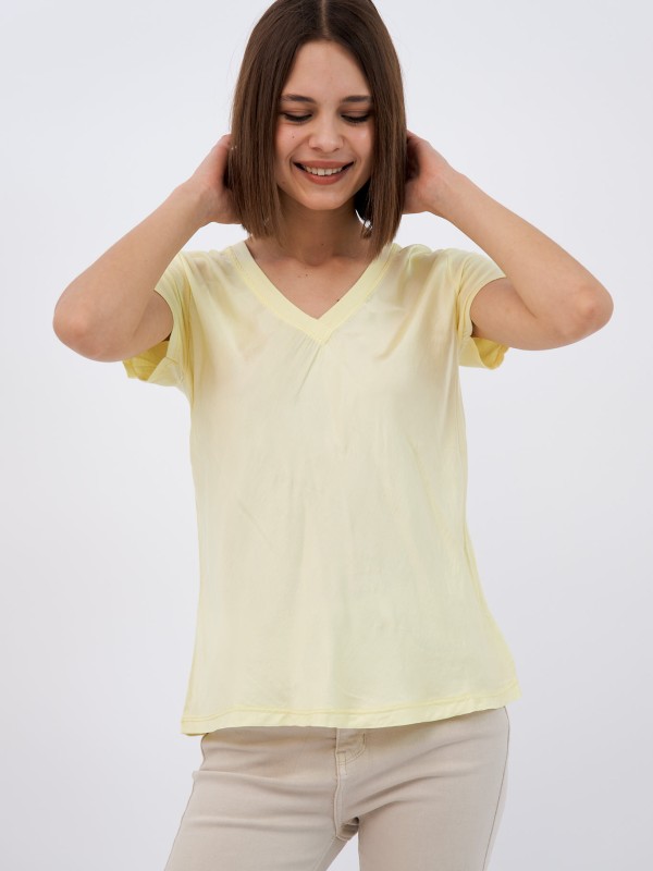 Sanya-Silk Blend V Neck Top In yellow