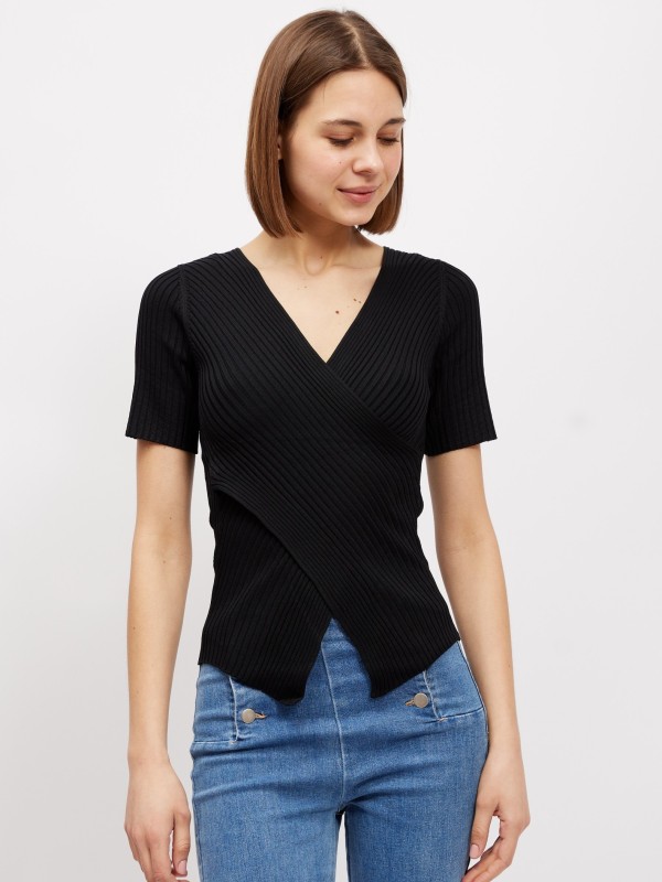 Harper - ribbed wrap top in black
