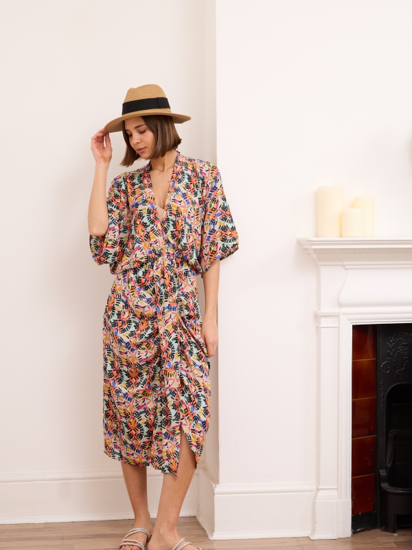 Denise- twist wrap midi dress with front split oriental in orange