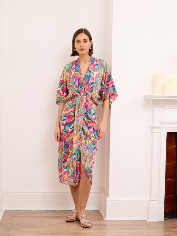 Denise- twist wrap midi dress with front split aztec in blue