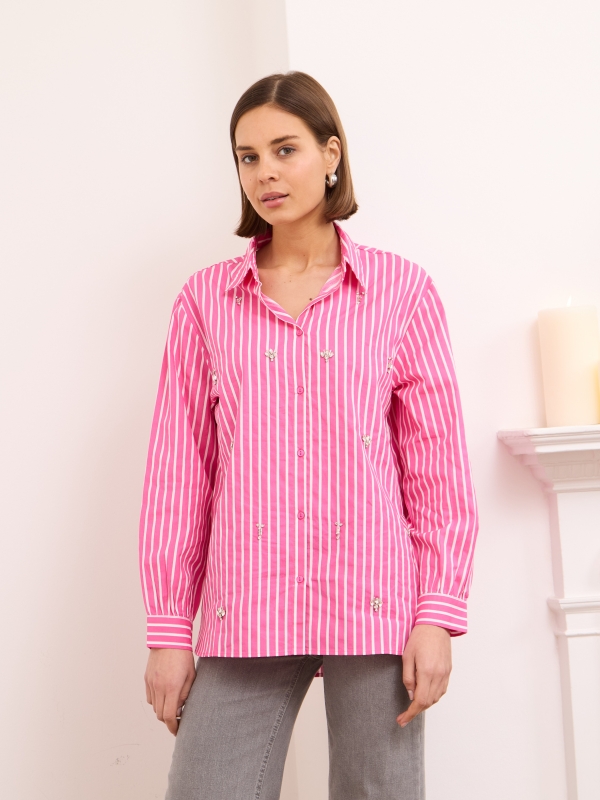 Ria - Embellished Striped Cotton Shirt In Pink