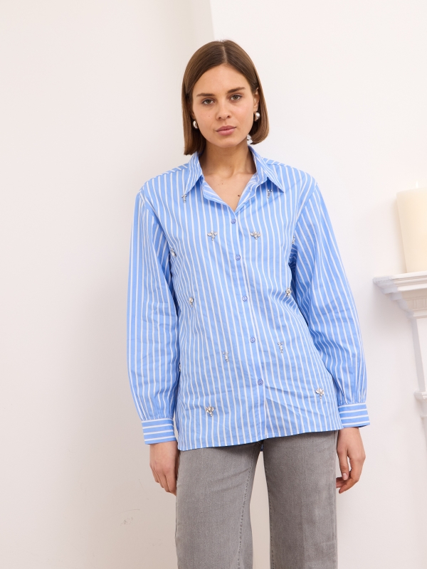 Ria - Embellished Striped Cotton Shirt In blue