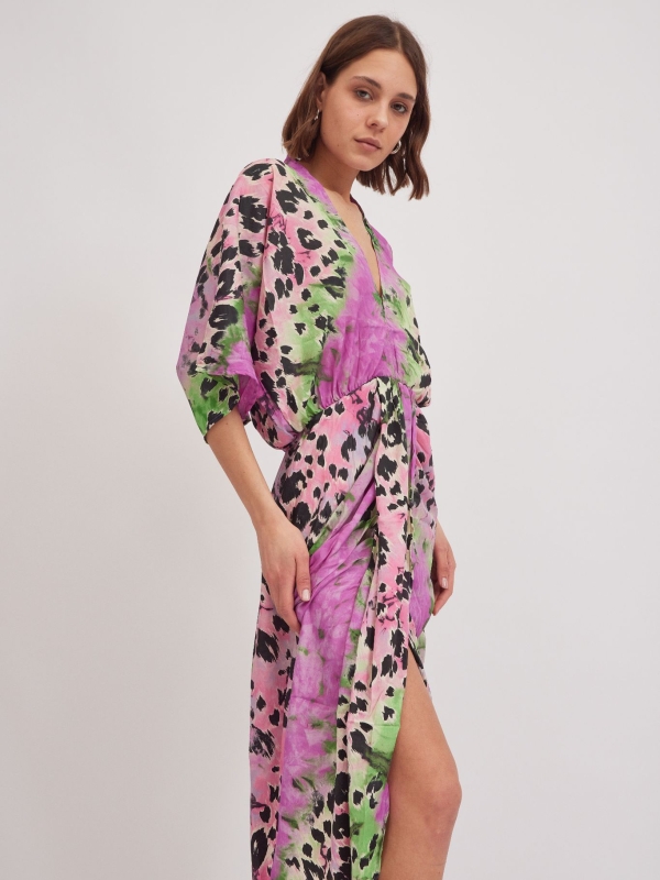 Denise- twist wrap midi dress with front split in lilac leopard