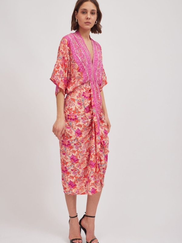 Denise- twist wrap midi dress with front split in pink floral