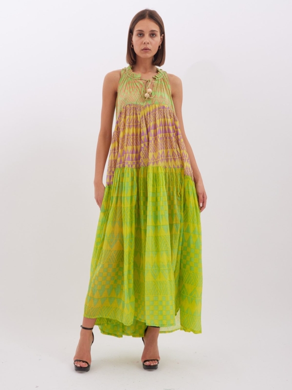 Ellaine -Printed Cotton Maxi Dress In lime