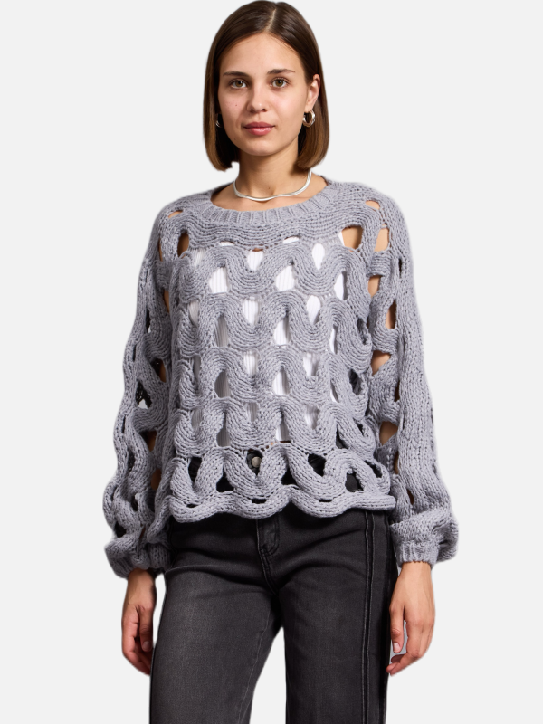 Hazel- scallop edge crocheted Sweater In grey