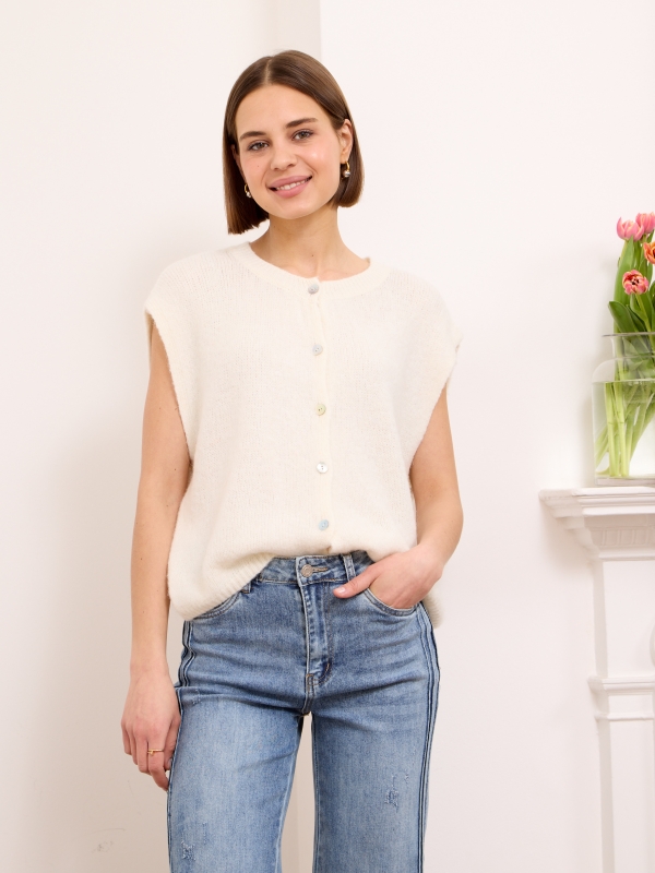 Andrea- sleeveless knitted vest with button embellishments in white