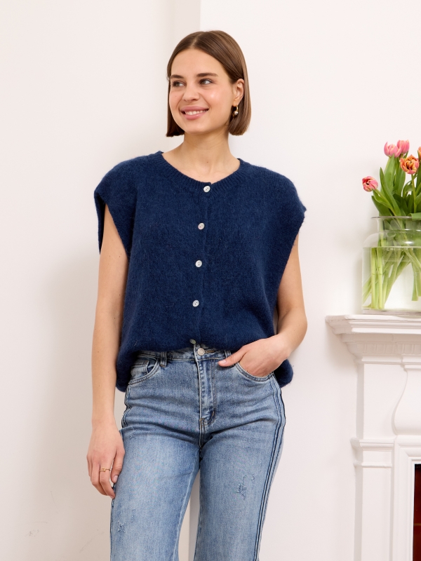 Andrea- sleeveless knitted vest with button embellishments in navy