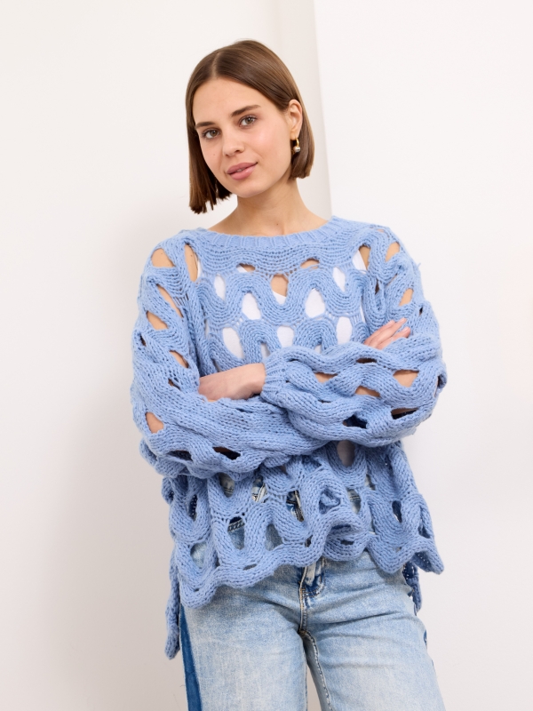 Hazel- scallop edge crocheted Sweater In blue