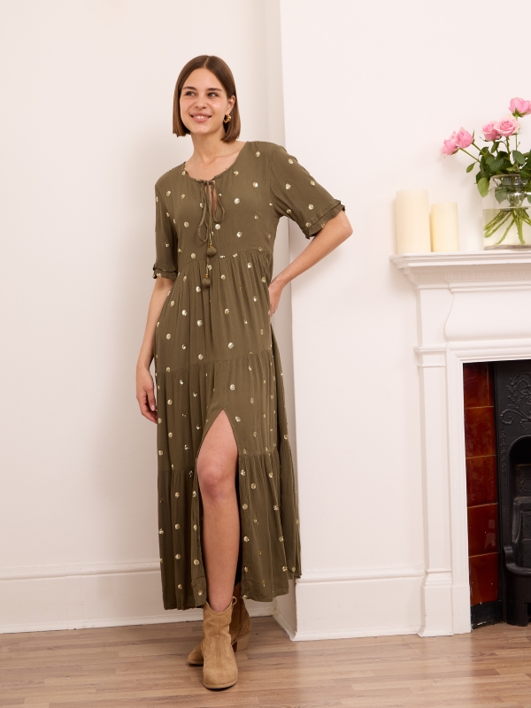Lolita - Bohemian Sequins Embellished Maxi Dress In Khaki