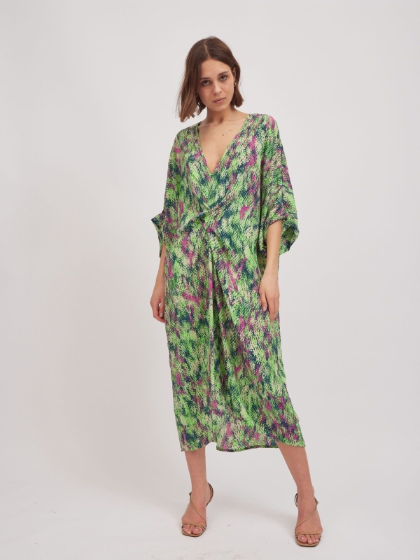 Denna - twist wrap midi dress in green python