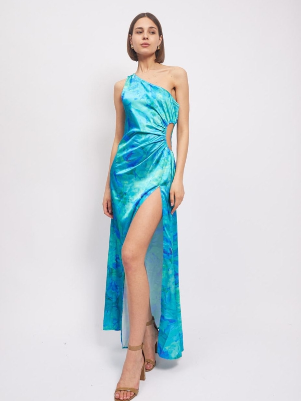 Venus - Cut Out One shoulder Midi Dress In Blue Abstract