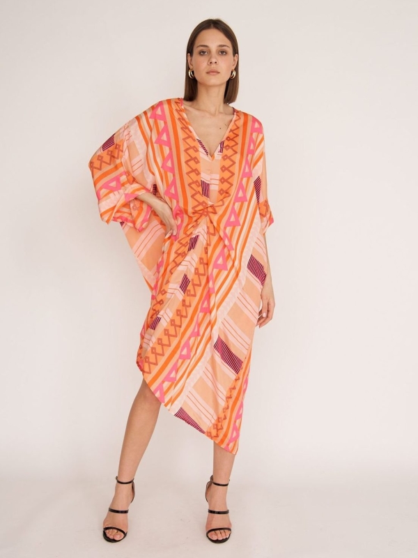 Denna - twist wrap midi dress in orange mosaic