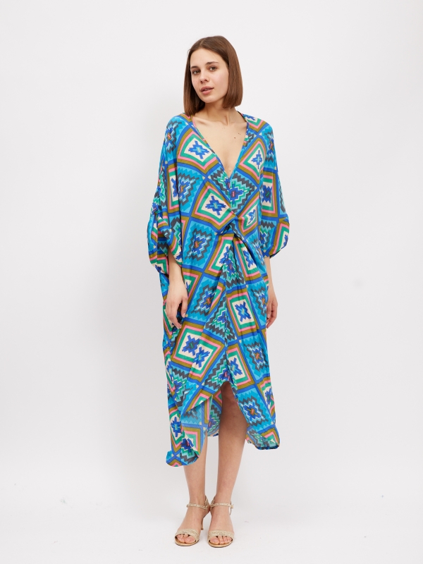 Denna - twist wrap midi dress in blue mosaic