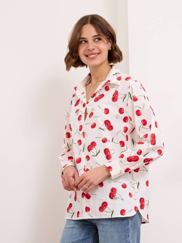 Ria - Embellished Cherry Cotton Shirt In White