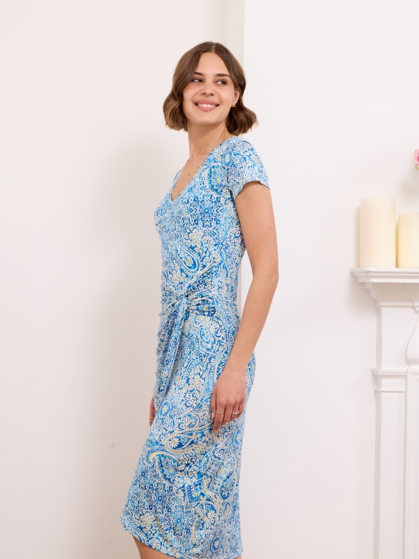 Antonella - Wrap-effect gathered printed midi dress paisley in blue