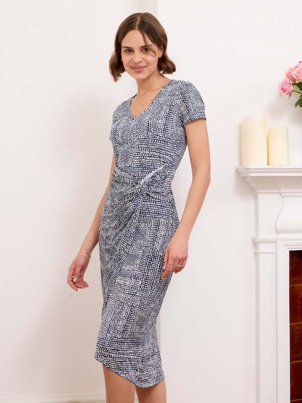 Antonella - Wrap-effect gathered printed midi dress dots in navy