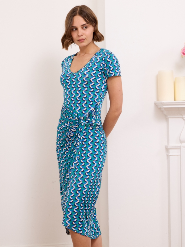 Antonella - Wrap-effect gathered printed midi dress aztec in blue mosaic