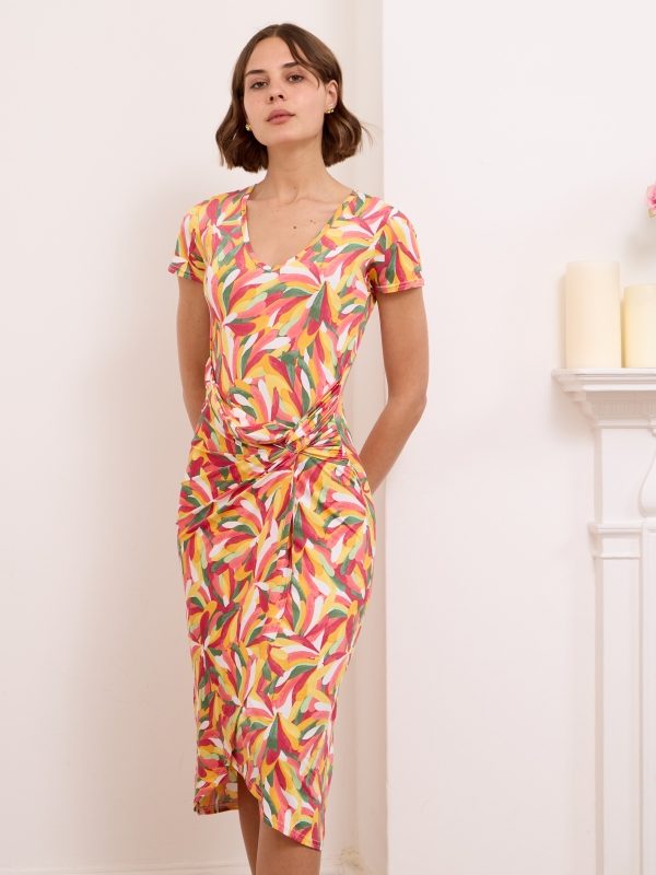 Antonella - Wrap-effect gathered printed midi dress petals in orange